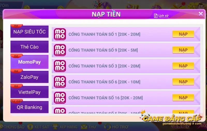 Nạp tiền game bài đổi thưởng nhanh chóng nhờ ví điện tử